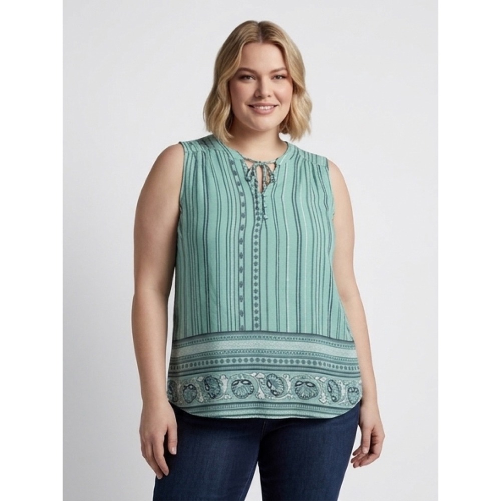 St Johns Bay Sleeveless Blouse Womens XL Teal Excellent Boho Paisley Striped Top